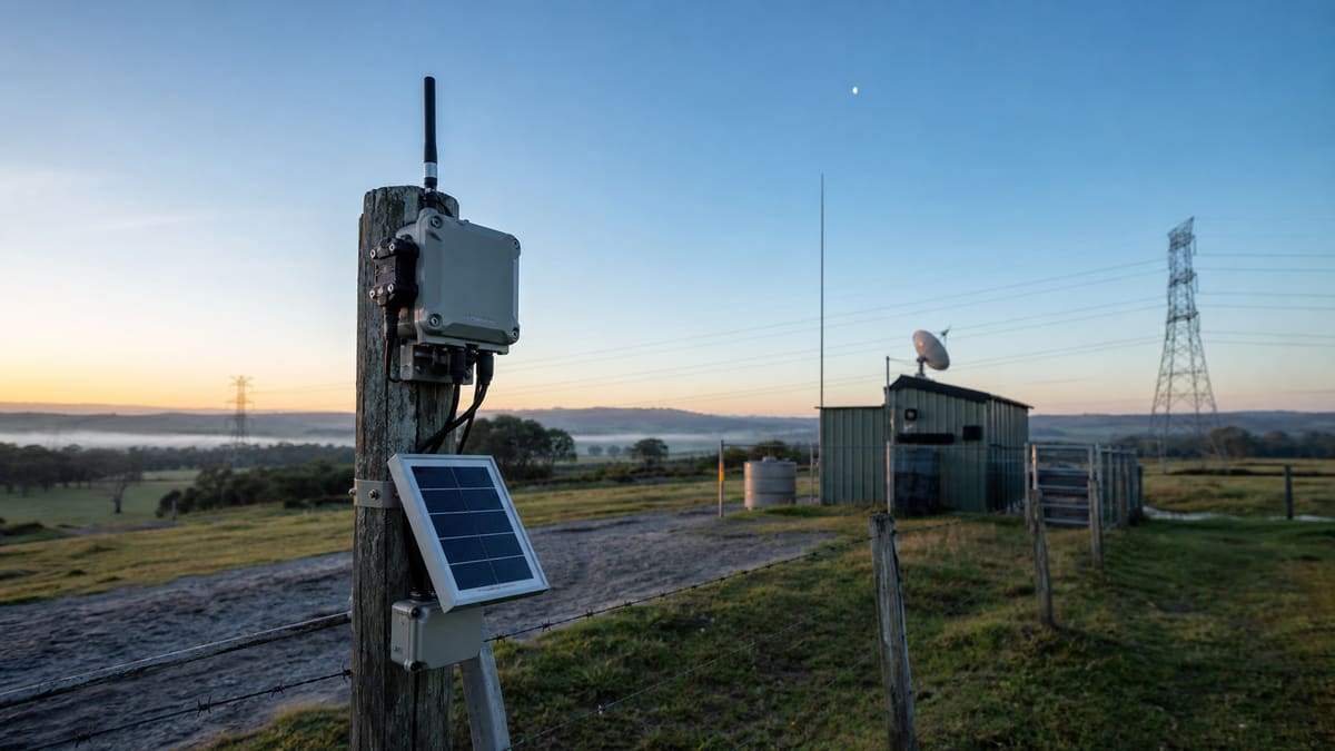 Remote IoT sensor with solar power connected through satellite NTN in a rural utility environment.