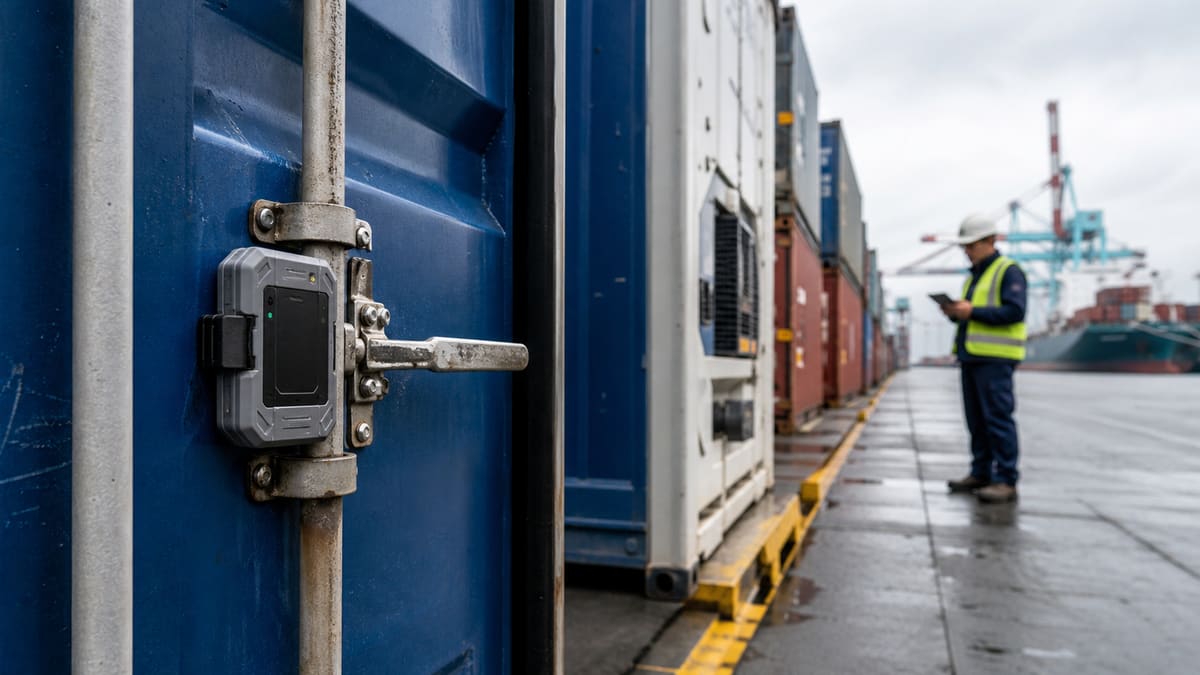 Satellite IoT tracker mounted on a shipping container for global logistics monitoring.