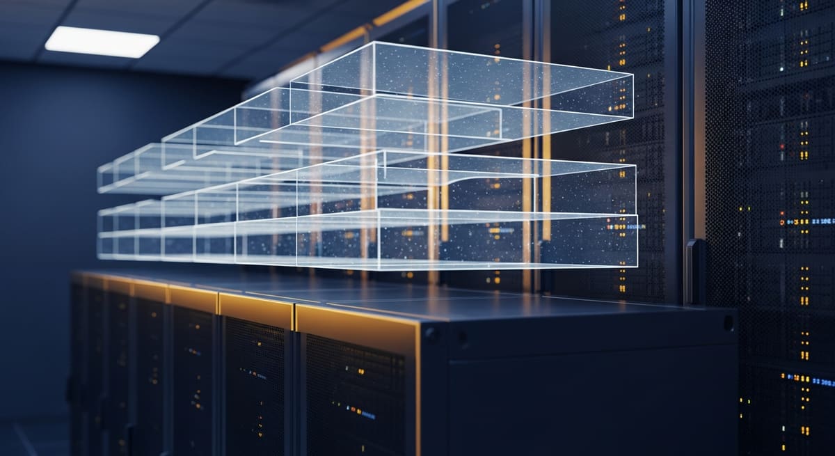 Glowing translucent virtual machine layers floating above physical server racks in an enterprise data centre, illustrating server virtualization