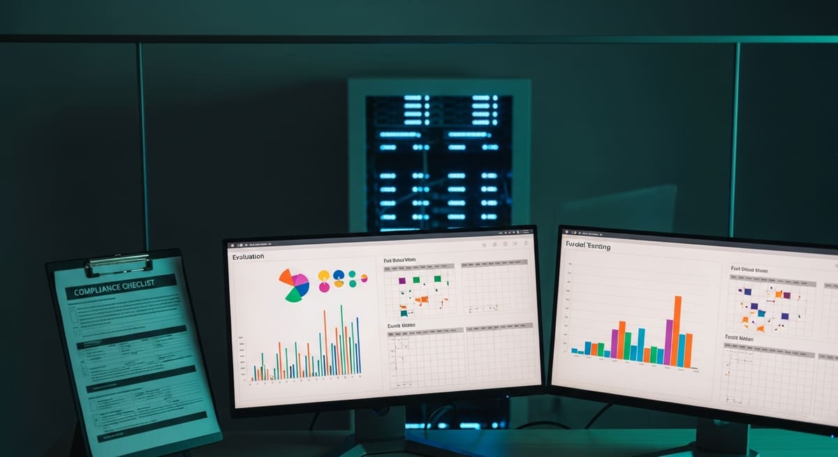 AI assurance testing workstation with evaluation charts on dual monitors and a compliance checklist