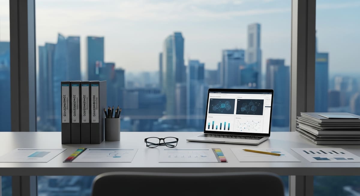 AI governance review desk with framework binders and a model-evaluation dashboard, Singapore skyline in the background