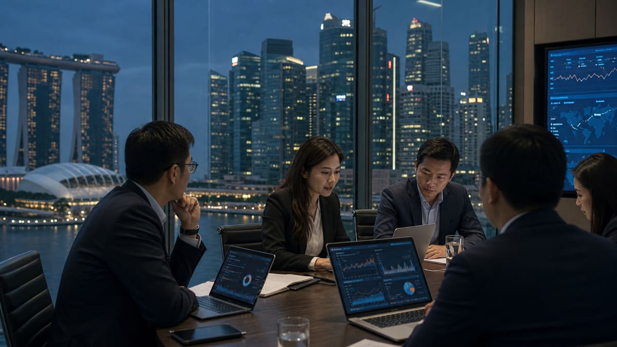 Fintech compliance team reviewing digital asset dashboards in a Singapore financial district meeting room