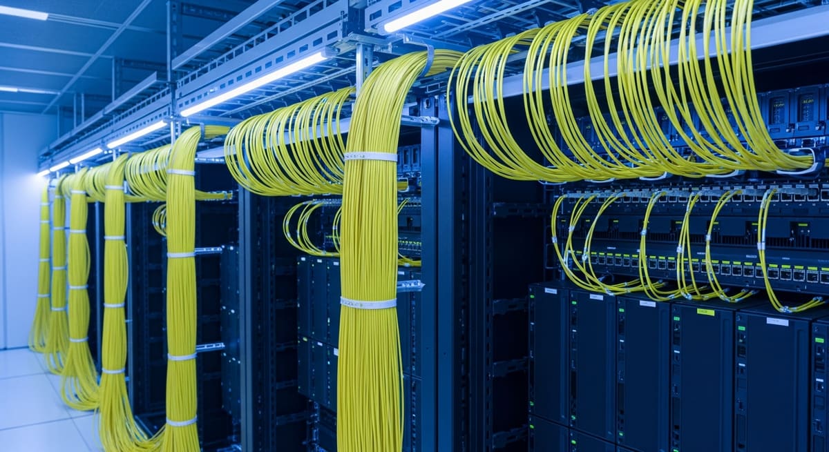 Dense yellow single-mode fibre cables routed into high-density patch panels in a Singapore data centre distribution area