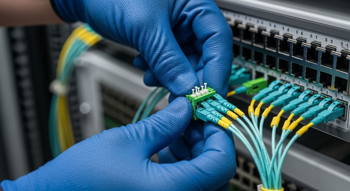 Technician seating a green MPO trunk connector into a high-density fibre cassette panel in a data centre rack