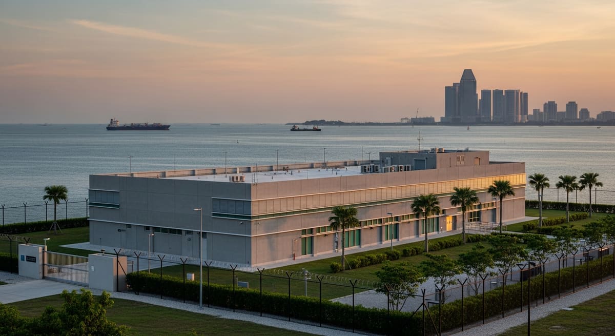 Secure coastal cable landing station building at dusk with ships and the Singapore skyline in the distance