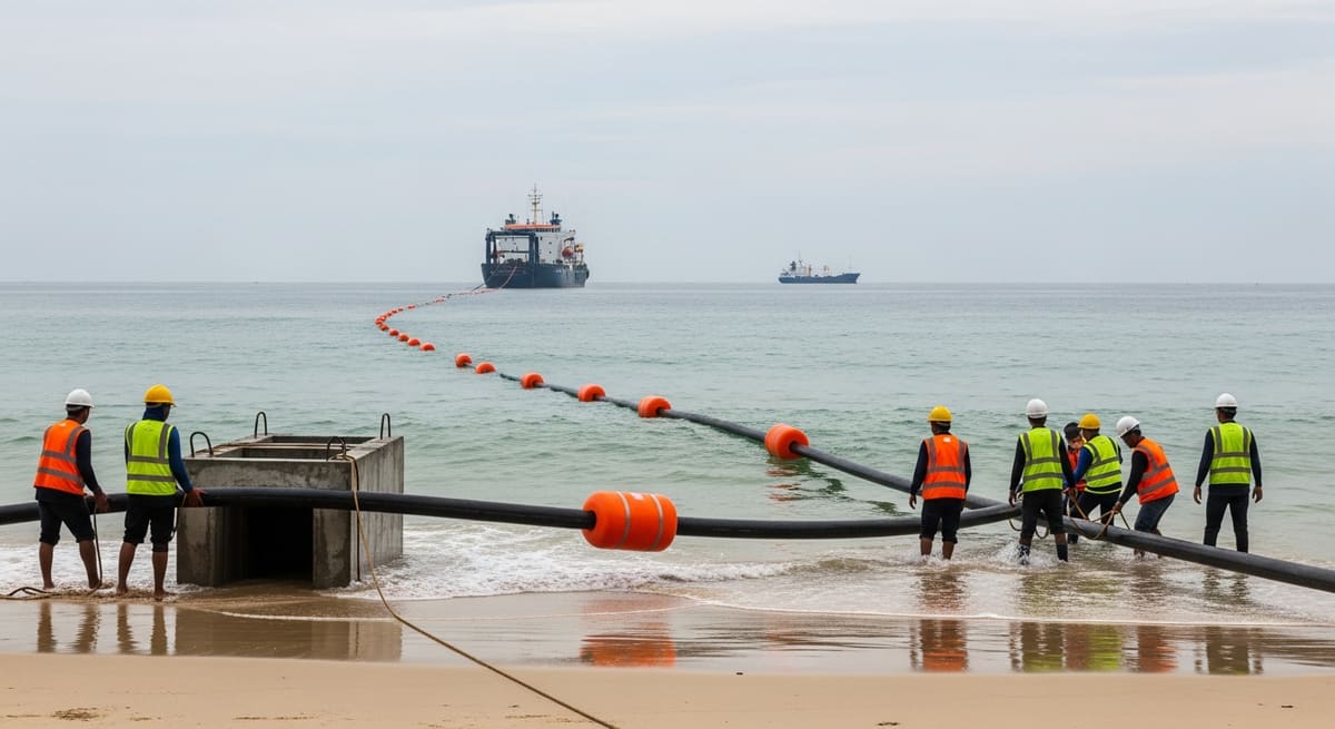 Workers guiding an armoured submarine fibre optic cable with flotation buoys from a cable ship toward a beach manhole during a shore-end landing