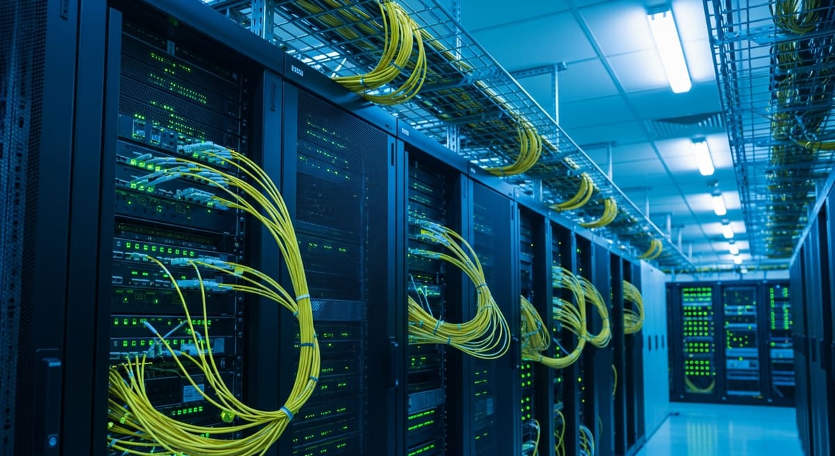 Submarine line terminal equipment racks with dense yellow fibre patch cords and status LEDs inside a Singapore data centre