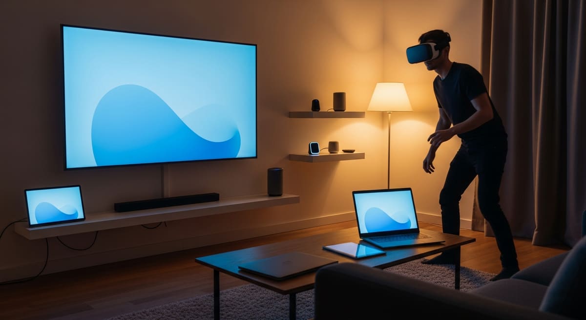 Living room in the evening with a VR headset user, large television, laptops, tablet and smart home devices all connected wirelessly