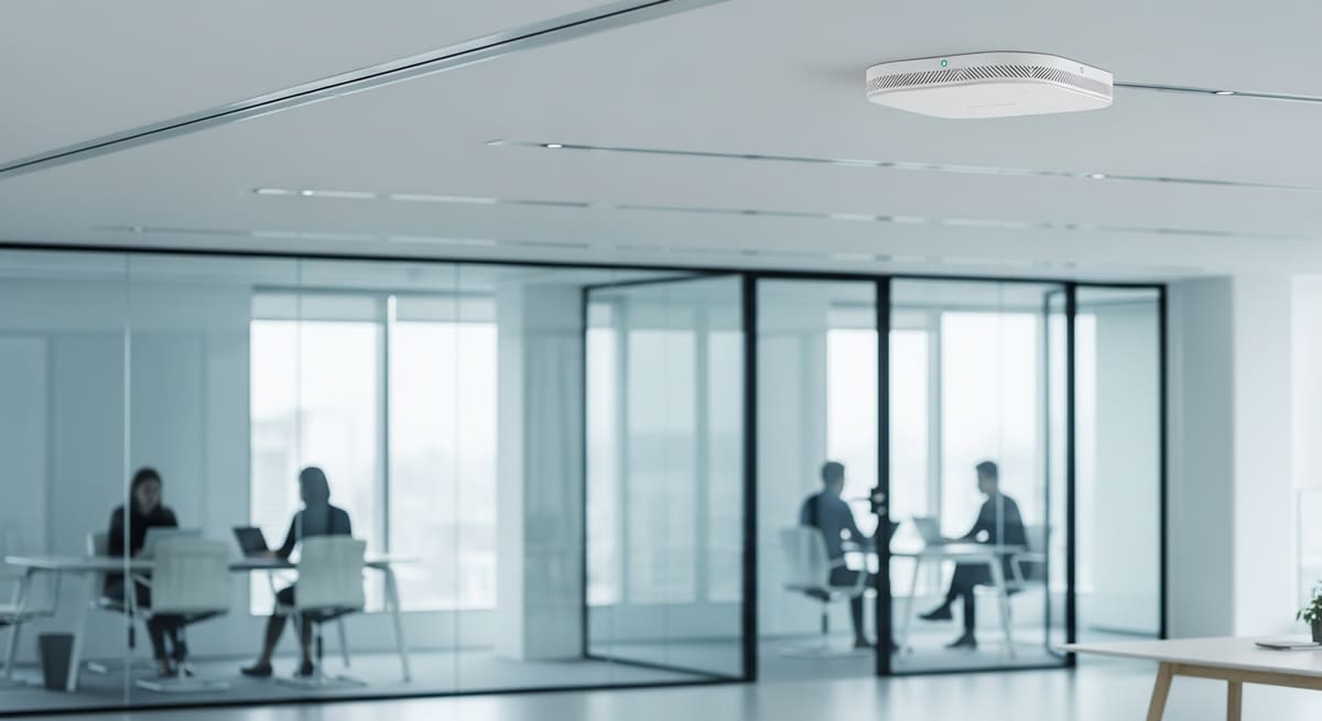 Ceiling-mounted Wi-Fi 7 enterprise access point in a modern open-plan office with glass meeting rooms