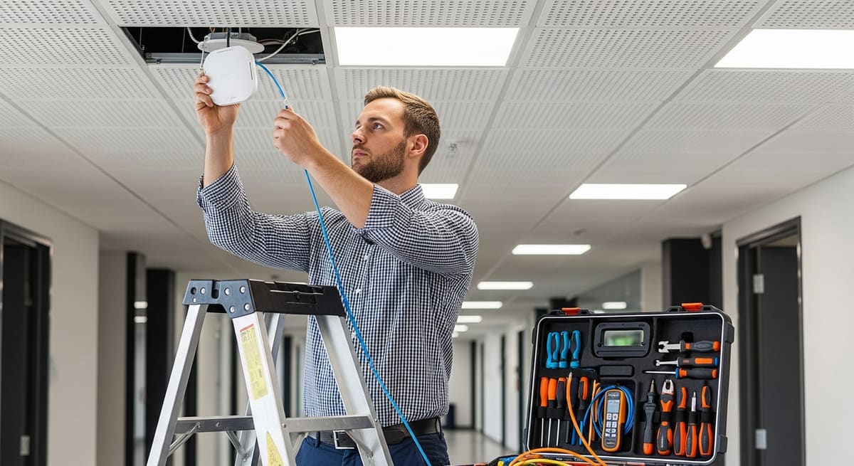 Network engineer on a ladder installing a ceiling-mounted wireless access point in a commercial building corridor