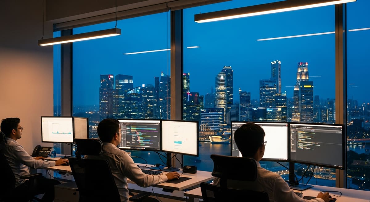 Engineers at a shared desk of dual monitors in a glass-walled Singapore office, the lit towers of the financial district behind them at dusk.