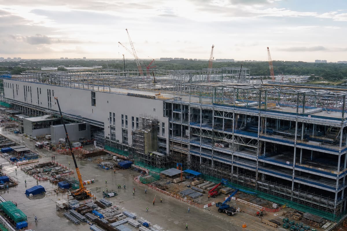 A large semiconductor fabrication plant under construction in Singapore.