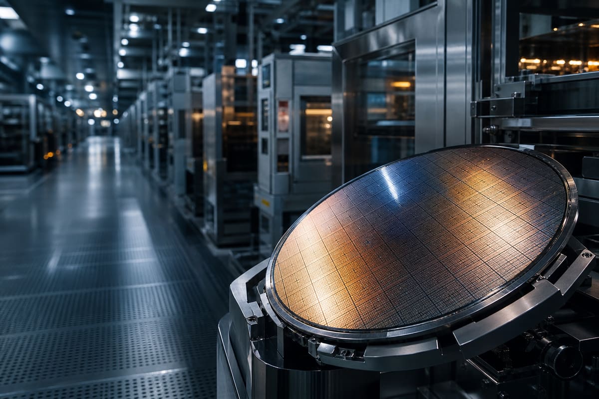 A silicon wafer inside a semiconductor cleanroom at a memory-fabrication plant.