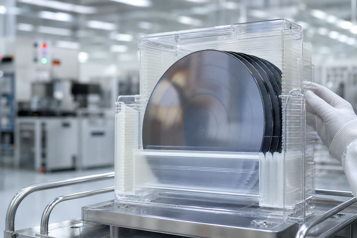 Silicon wafers in a transparent carrier inside a semiconductor cleanroom.