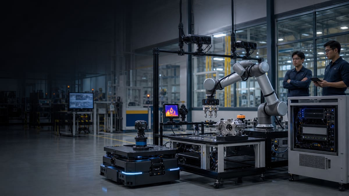 A collaborative robot, mobile robot, sensor rig and edge compute cabinet inside an enterprise physical AI lab.