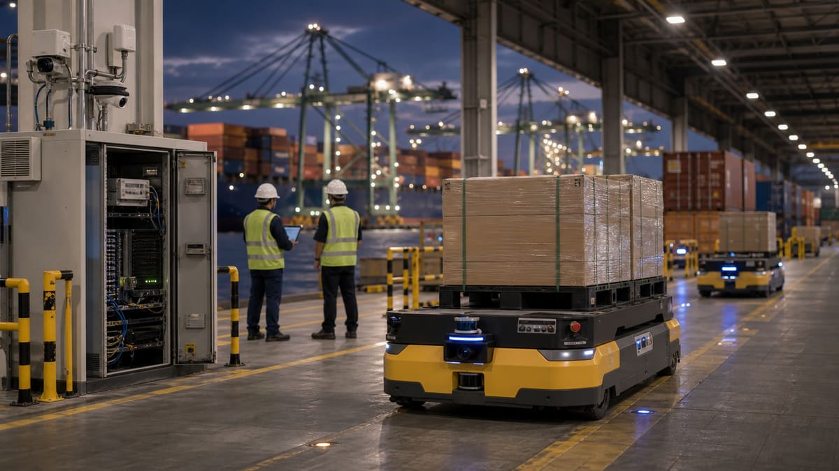 An autonomous logistics vehicle operating near port equipment with edge compute and network hardware beside it.