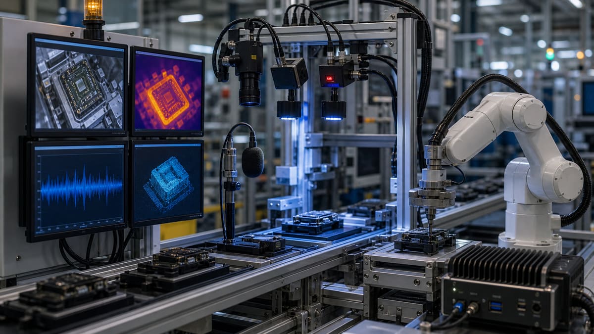 A factory inspection station combining computer vision, thermal imaging, acoustic sensing and robotic tactile feedback.