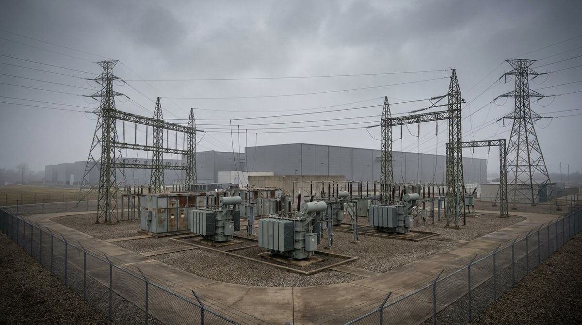 An overcast view of a gigawatt-scale data-centre campus: a fenced electrical substation with rows of medium-voltage transformers and steel switchgear, lattice transmission towers and high-voltage lines converging on the site, with large windowless grey data-centre buildings behind.