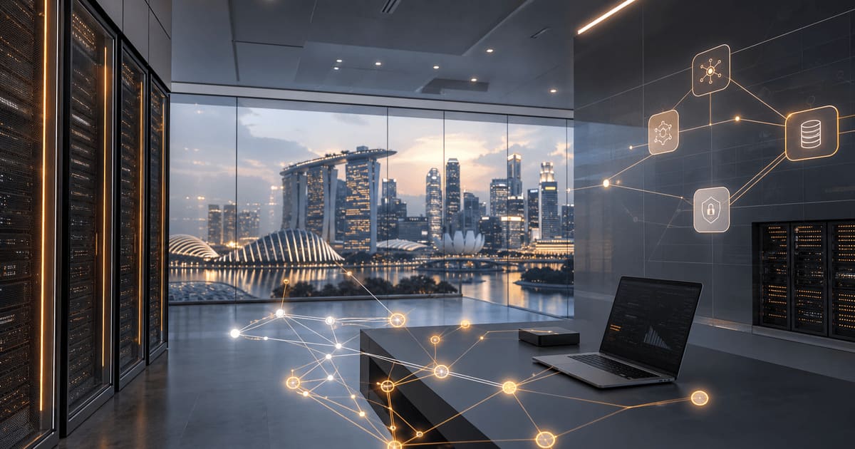 A generated enterprise AI operations room with server racks, workflow nodes, and abstract reasoning paths.
