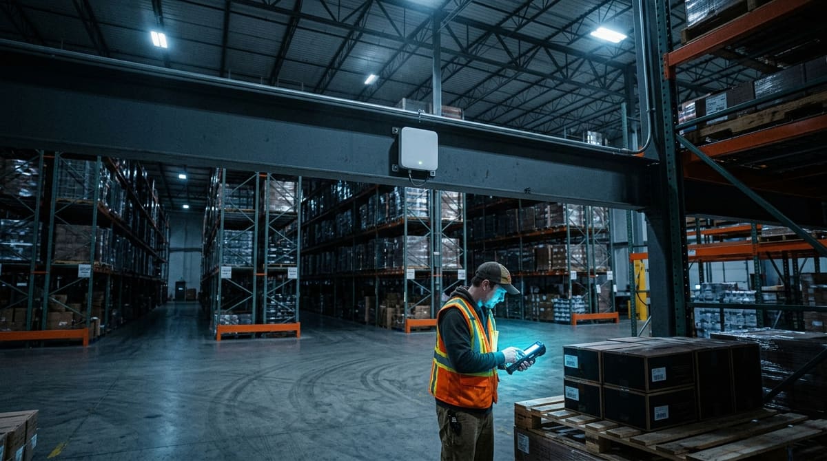 A private cellular network radio mounted high in an industrial facility.