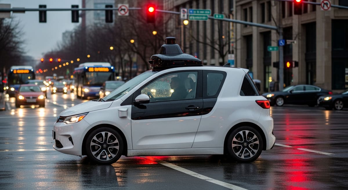 An autonomous ride-hailing car with a roof-mounted lidar and camera pod waits at a wet city intersection at dusk.