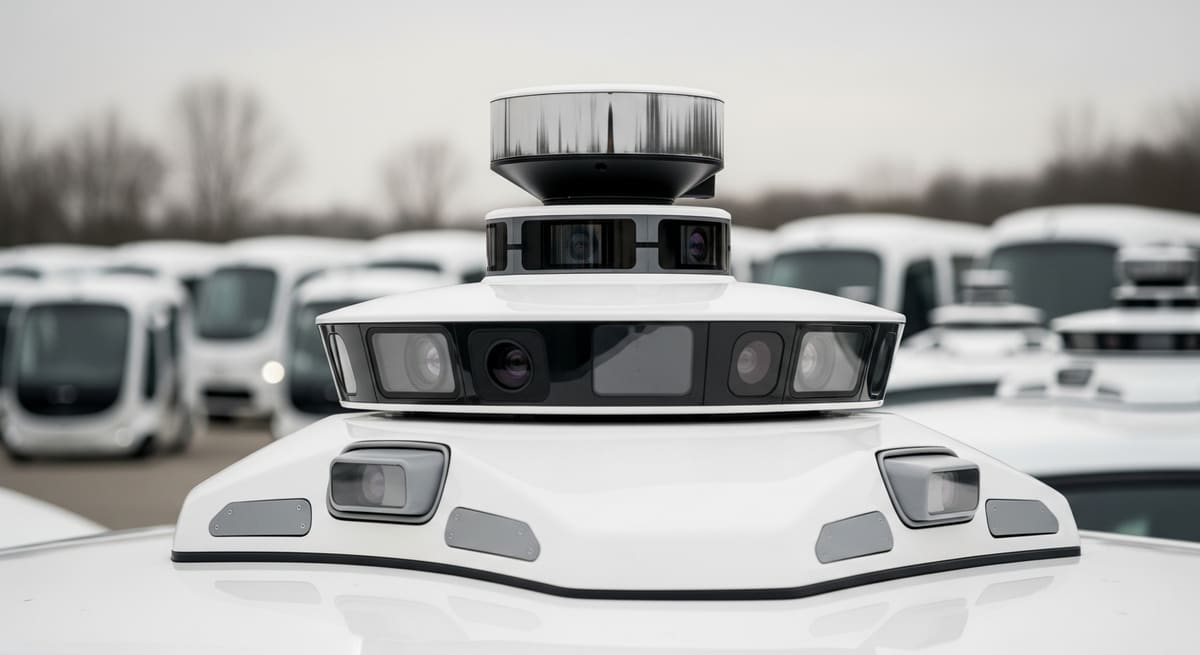 Close view of a robotaxi roof sensor stack — spinning lidar, ringed camera array and radar housings — above a depot of identical vehicles.