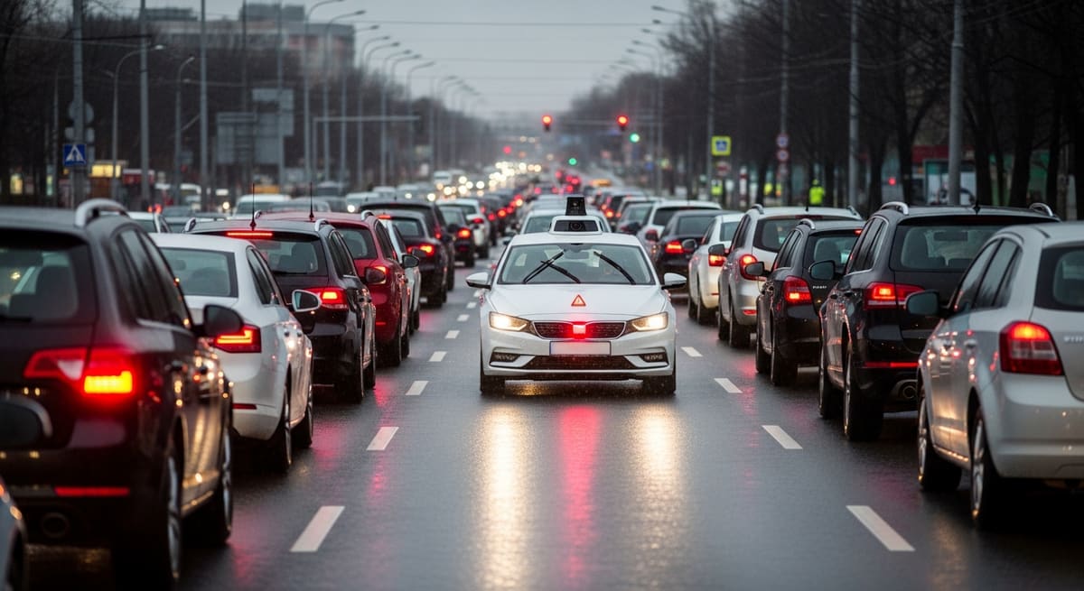 A driverless car halted in the middle lane of a busy city road at dusk, hazard lights on, with traffic queued behind it.