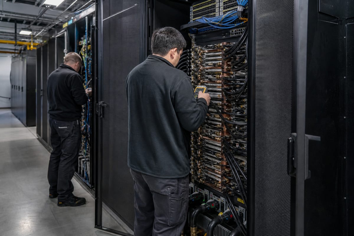 Photoreal documentary scene inside a modern data centre where engineers commission a dense liquid-cooled AI rack, with visible coolant manifolds, braided hoses, fibre cabling and Ethernet switches under neutral white service lighting.