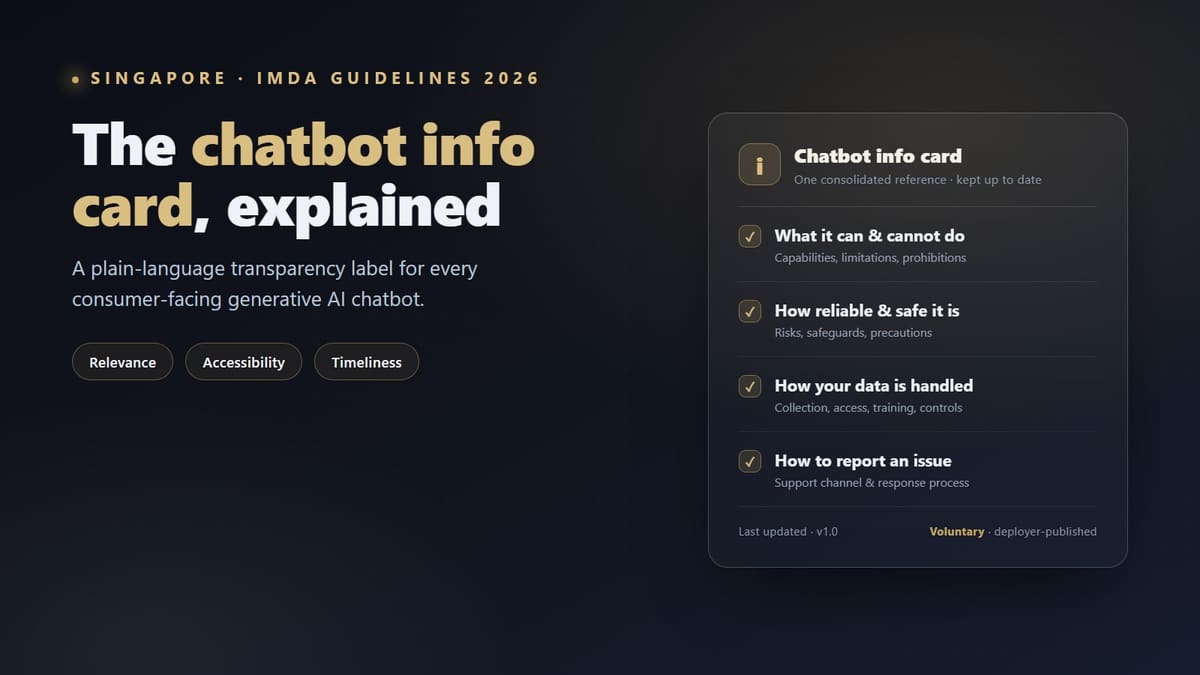 A generative AI chatbot interface beside a plain-language information card, illustrating the 'info card' at the centre of Singapore's transparency guidelines.