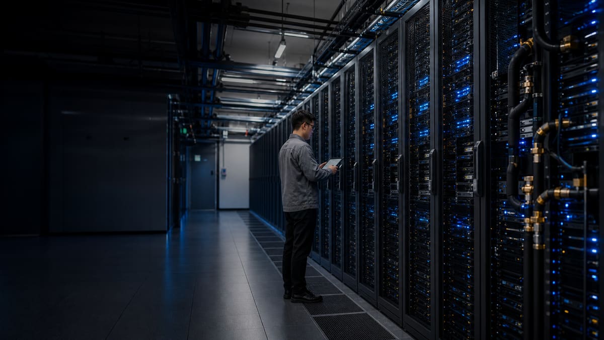 A facilities engineer inspecting high-density server racks and liquid-cooling infrastructure in a data centre.