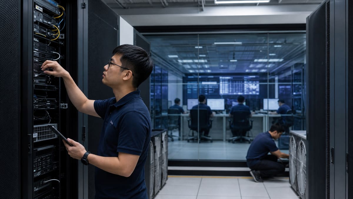 Engineers working inside a Singapore cloud data centre operations room for AI infrastructure.