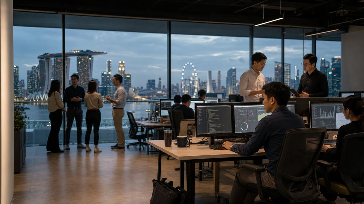 A Singapore AI product team working in a modern office with the Marina Bay skyline beyond the glass.