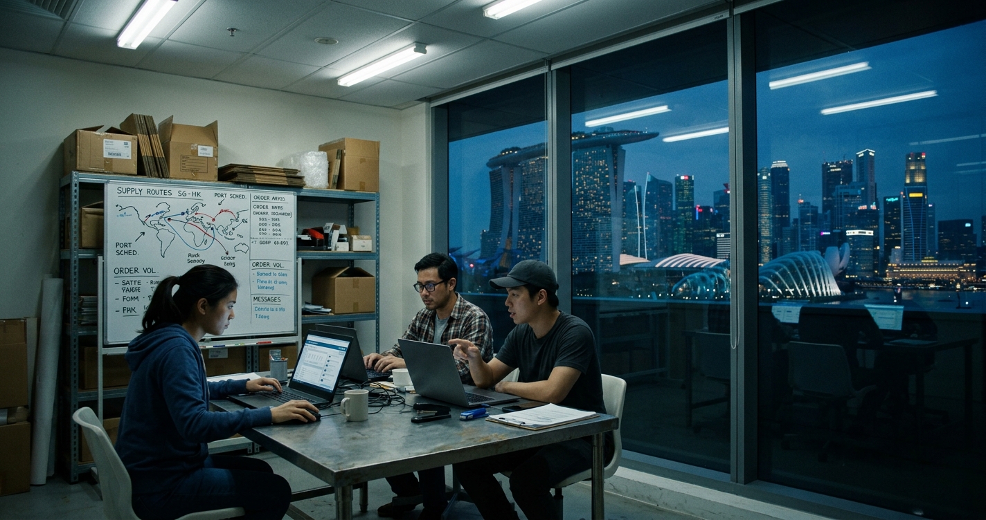 A late-night Singapore tech office, the Marina Bay skyline glowing beyond the window.