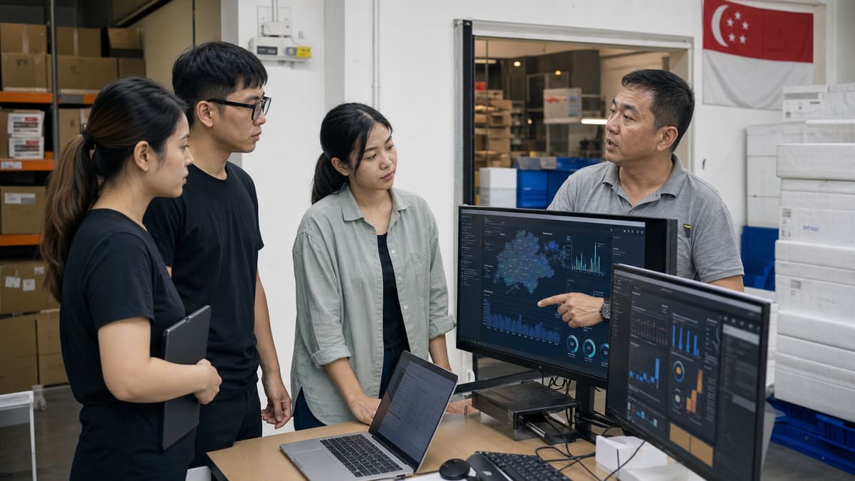 A Singapore operations manager and startup team reviewing AI-assisted logistics dashboards in a small warehouse office.