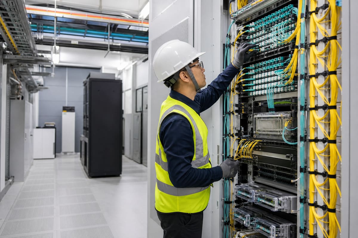 A network engineer inspects fibre cross-connects in a clean telecom meet-me room, with dense yellow and aqua patch cords connecting carrier equipment.