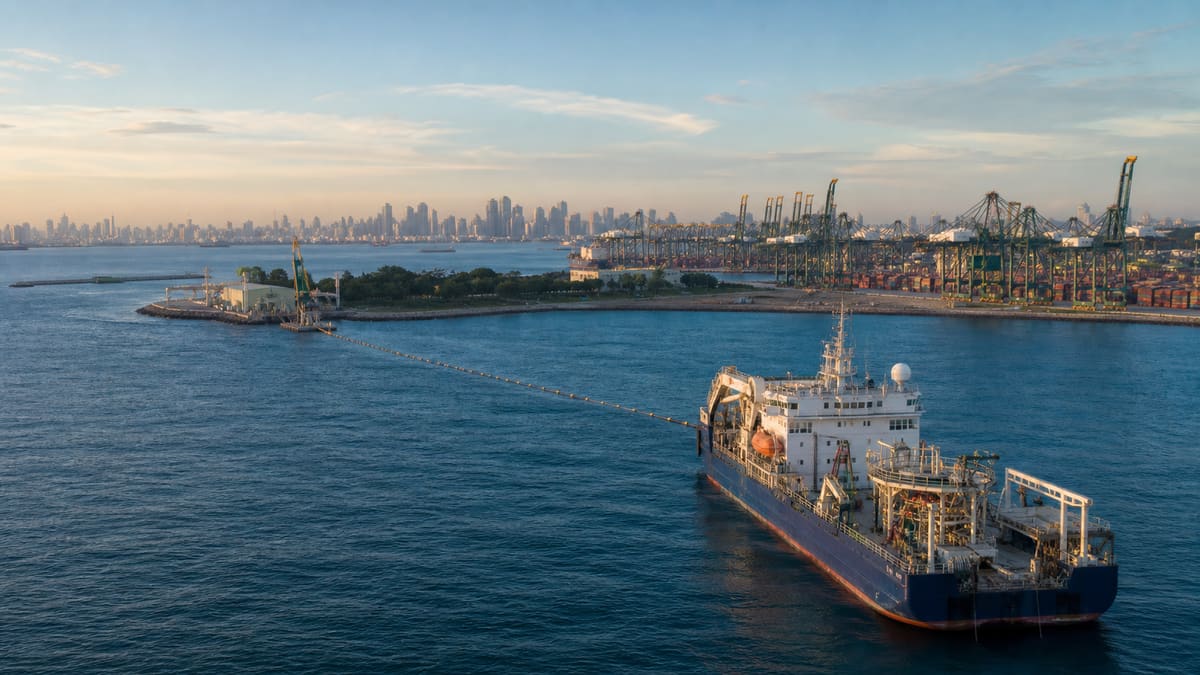 A cable-laying vessel approaches a Singapore coastal landing facility beside container-port cranes, with the skyline across the Singapore Strait at dawn.