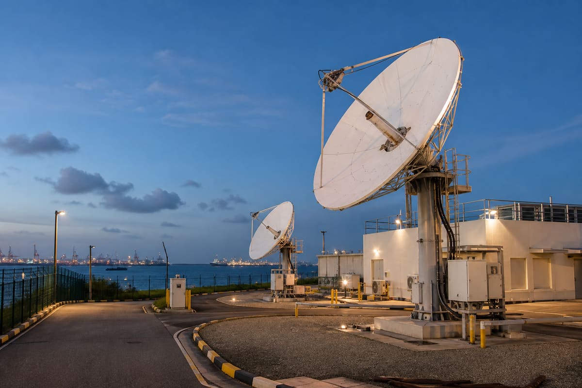 Two satellite ground-station dishes at a coastal Singapore industrial site, with port infrastructure beyond the fenced service road at blue hour.
