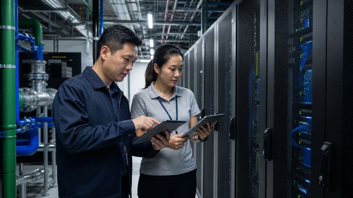 Data-centre facilities engineers reviewing cooling and rack telemetry beside high-density server cabinets.