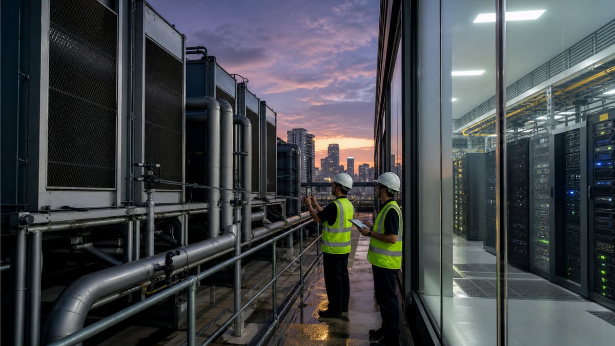 Engineers inspecting cooling infrastructure beside a Singapore data centre at dusk.