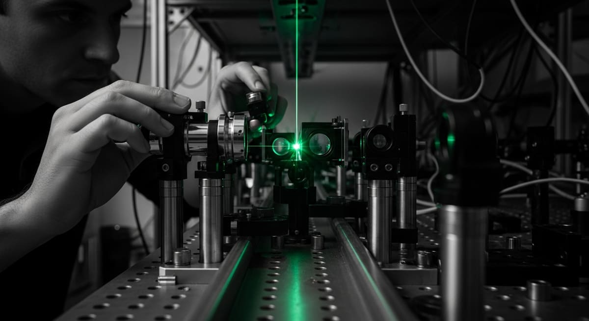 A researcher adjusting optical components on a photonics test bench, green laser light threading through lens mounts in a darkened laboratory.
