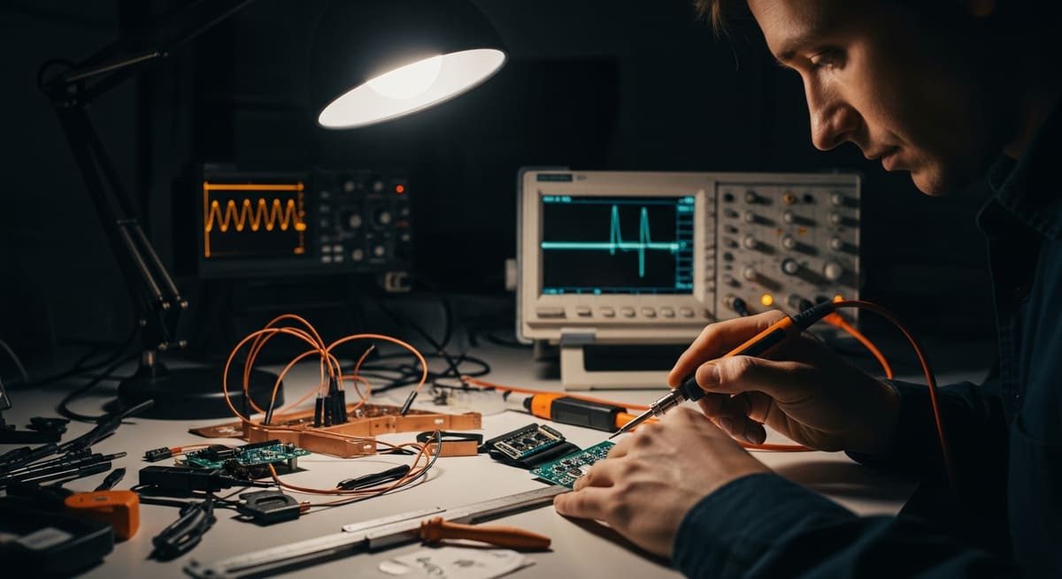 An engineer soldering a small circuit board at a cluttered electronics workbench under a task lamp, two oscilloscope traces glowing behind.
