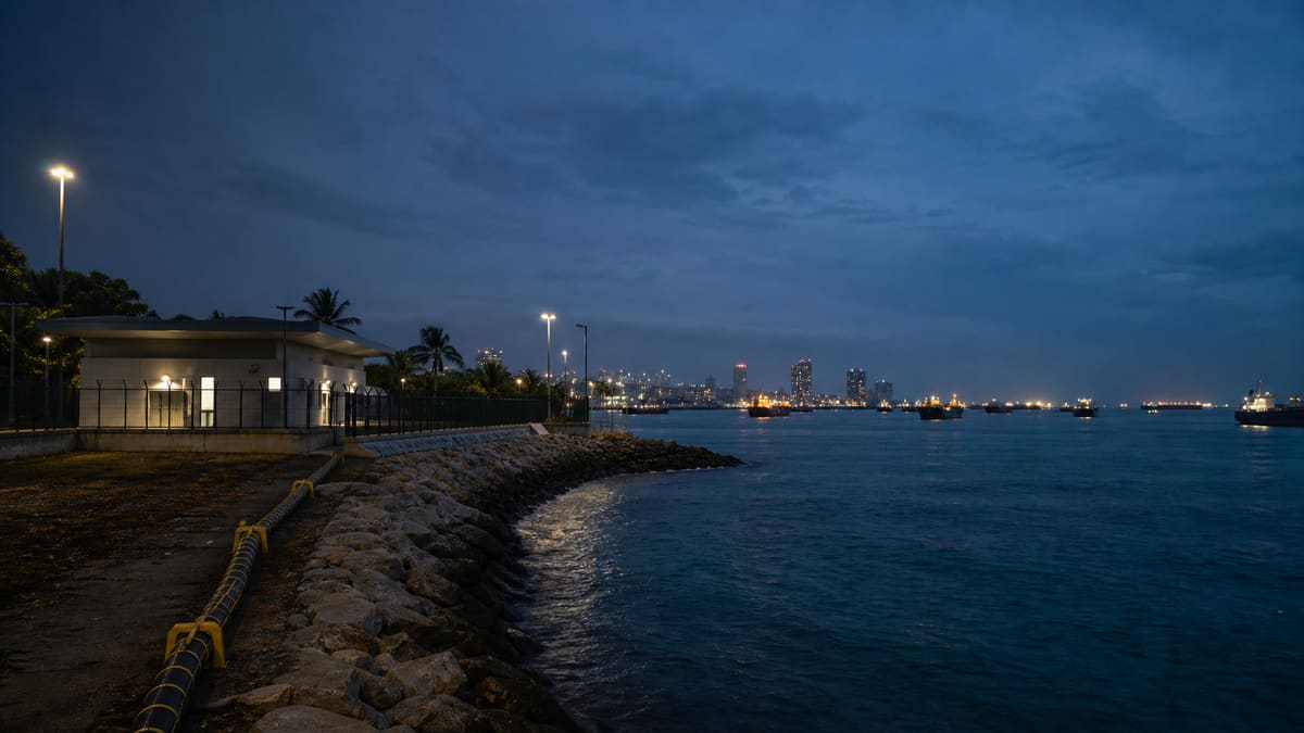 A Singapore shoreline cable landing station at blue hour with harbor traffic and city lights beyond.