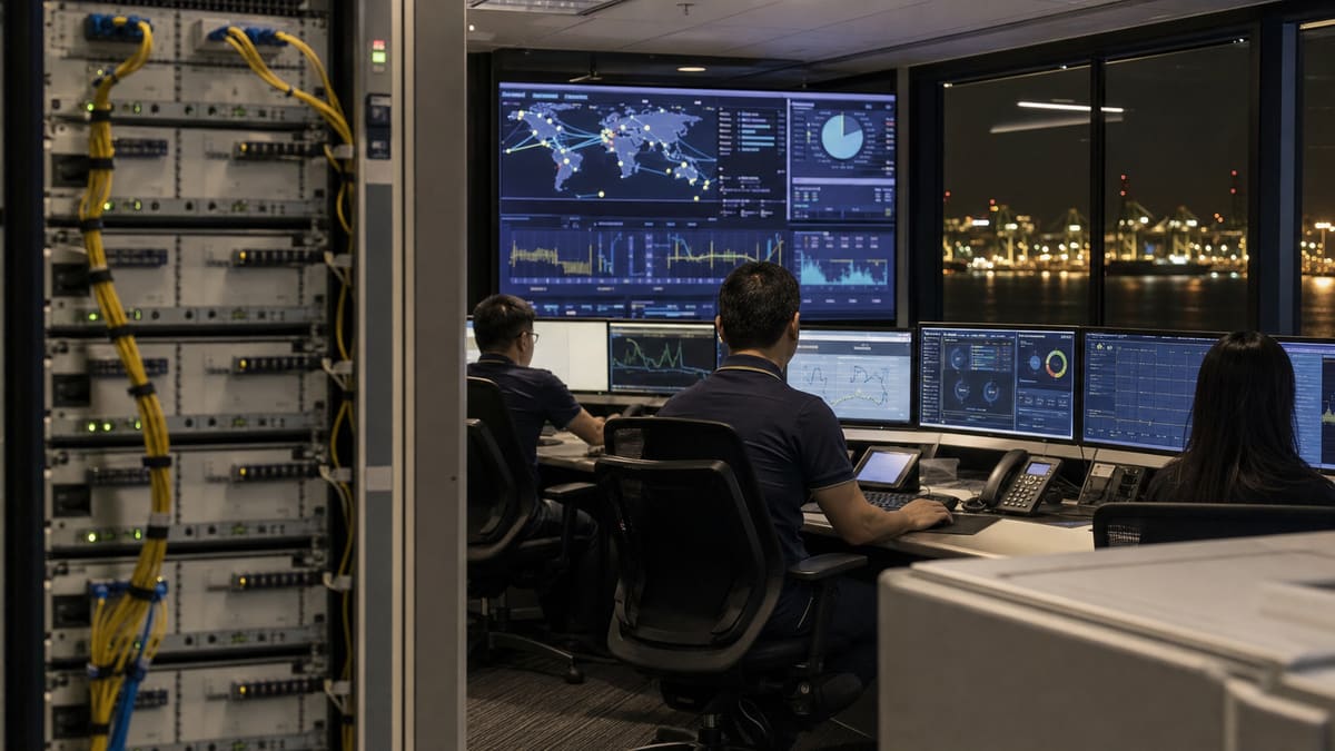 Engineers monitoring network routes inside a telecom landing-station operations room.