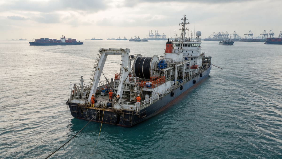 A specialized cable repair vessel operating near busy port approaches.