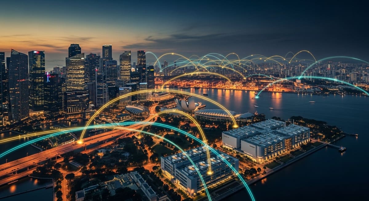 Singapore's central business district skyline at dusk, overlaid with a stylised network of connectivity lines representing the country's digital infrastructure.