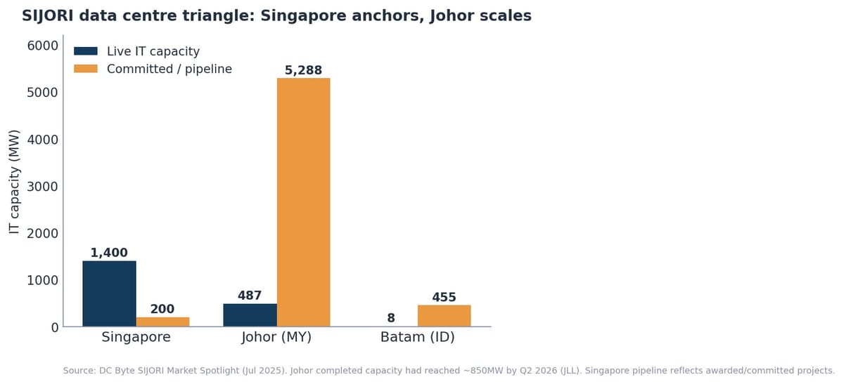 Grouped bar chart of the SIJORI data centre triangle: Singapore with 1,400MW live and about 200MW pipeline, Johor with 487MW live and 5,288MW committed or pipeline, and Batam with 8MW live and 455MW pipeline.
