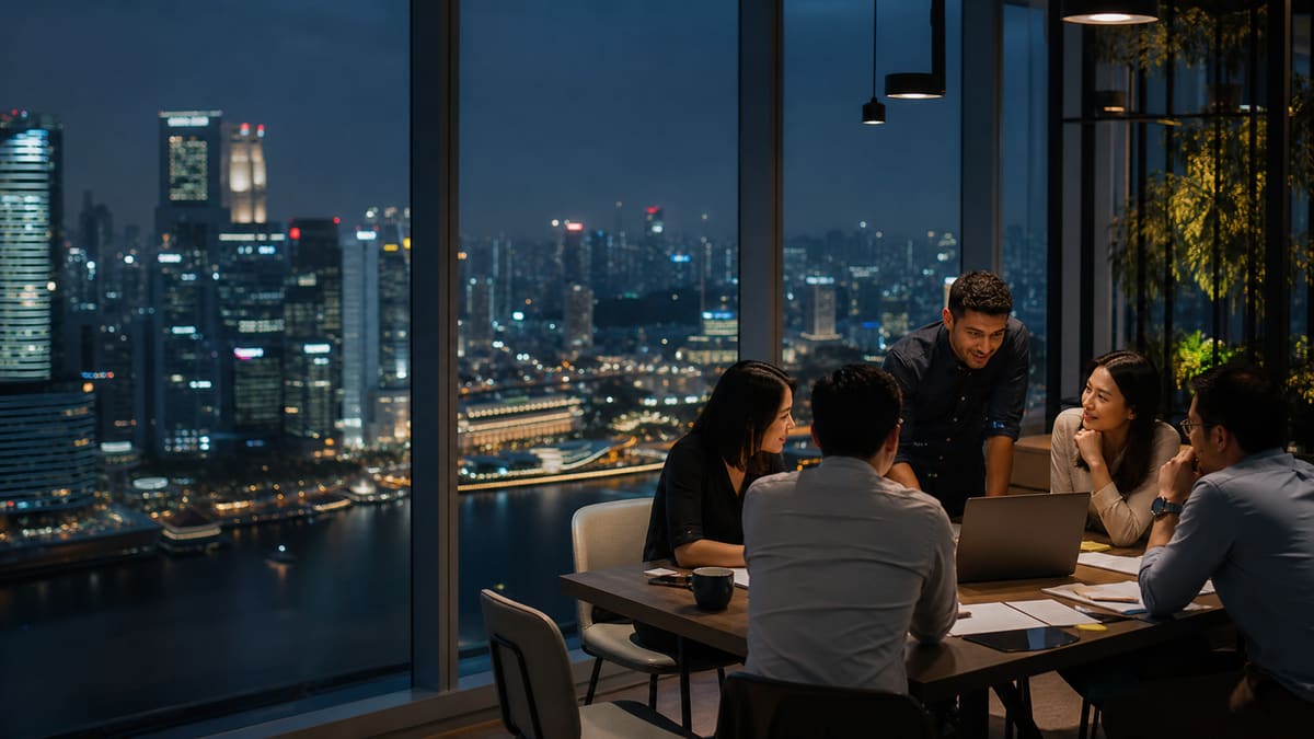 Technology professionals discussing a project in a Singapore office above the city skyline at dusk.
