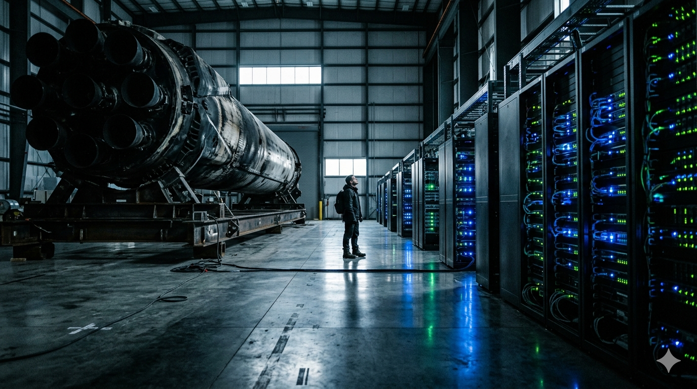A SpaceX rocket on the launch pad at dusk, symbolising the company's public market debut.