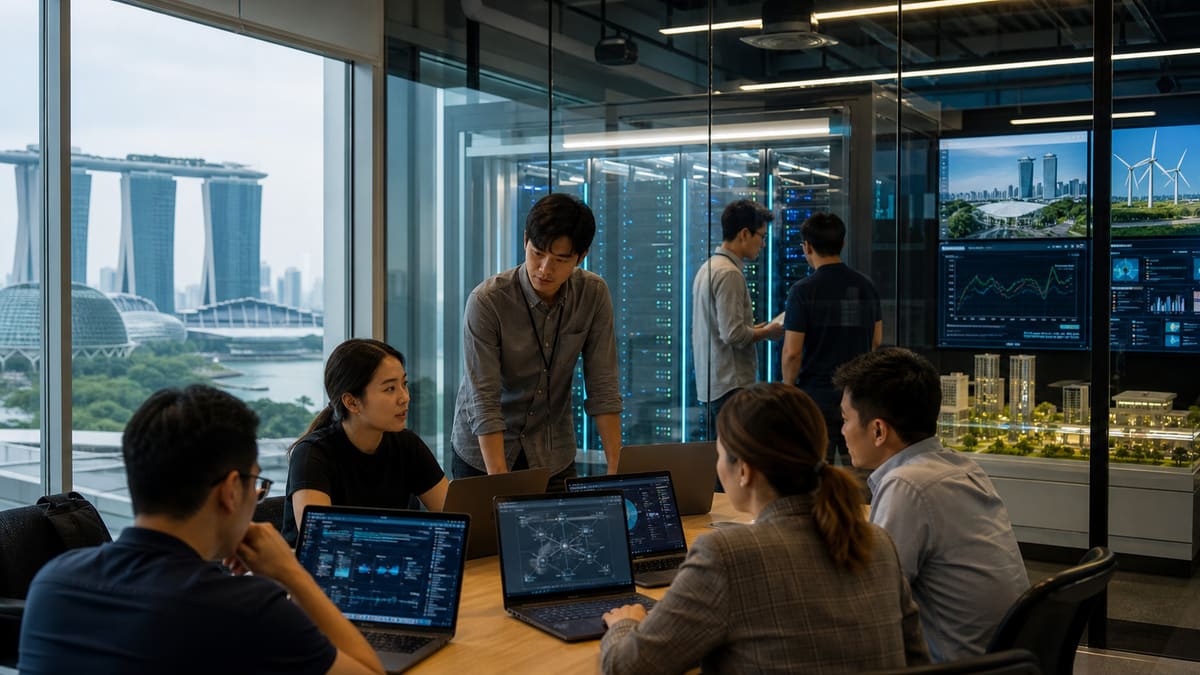 Singapore network operations team reviewing satellite connectivity and AI infrastructure dashboards in a modern control room.