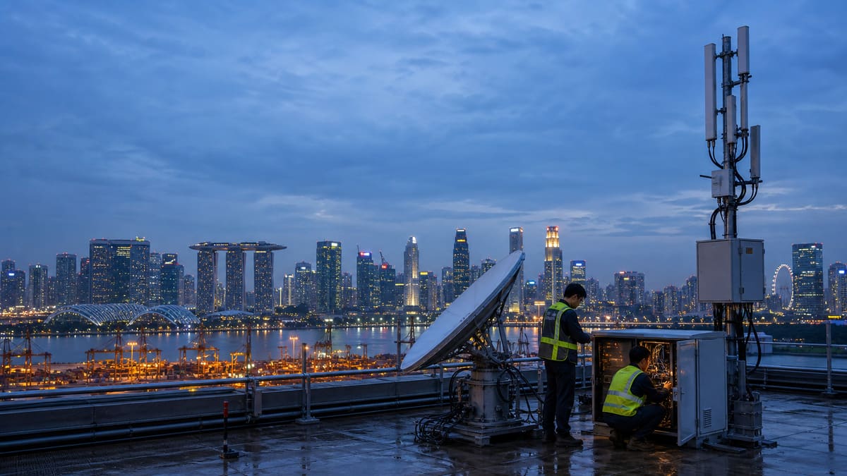 Telecom engineers inspecting rooftop satellite communications equipment against the Singapore skyline at blue hour.